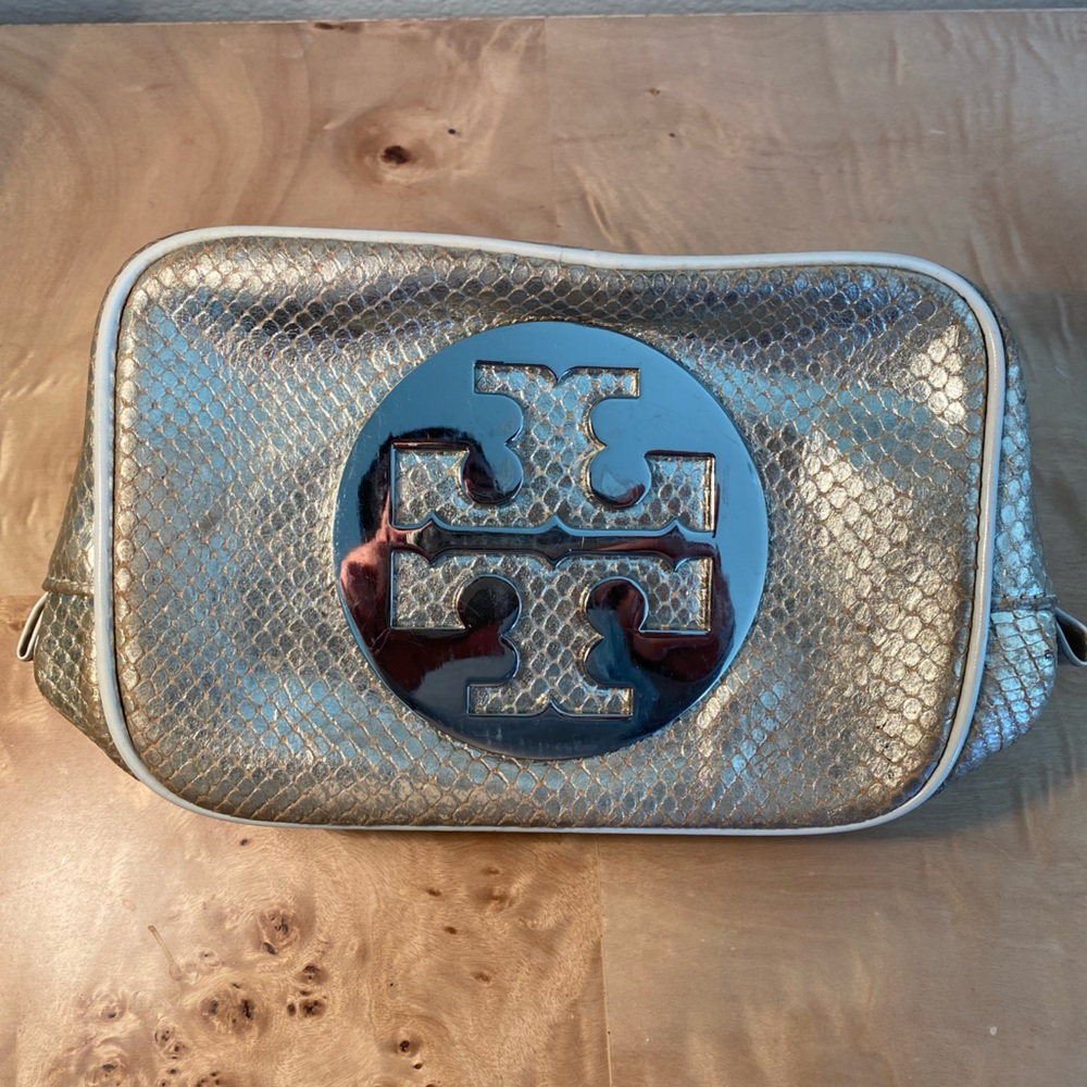 Tori Burch logo gold metallic cosmetic pouch bag